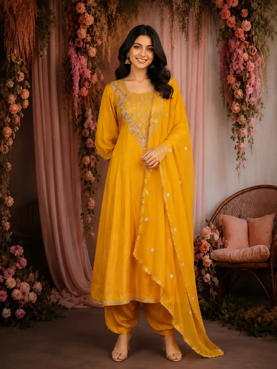 Mustard Yellow Floral Embroidered Silk Blend Salwar Suit with Dupatta