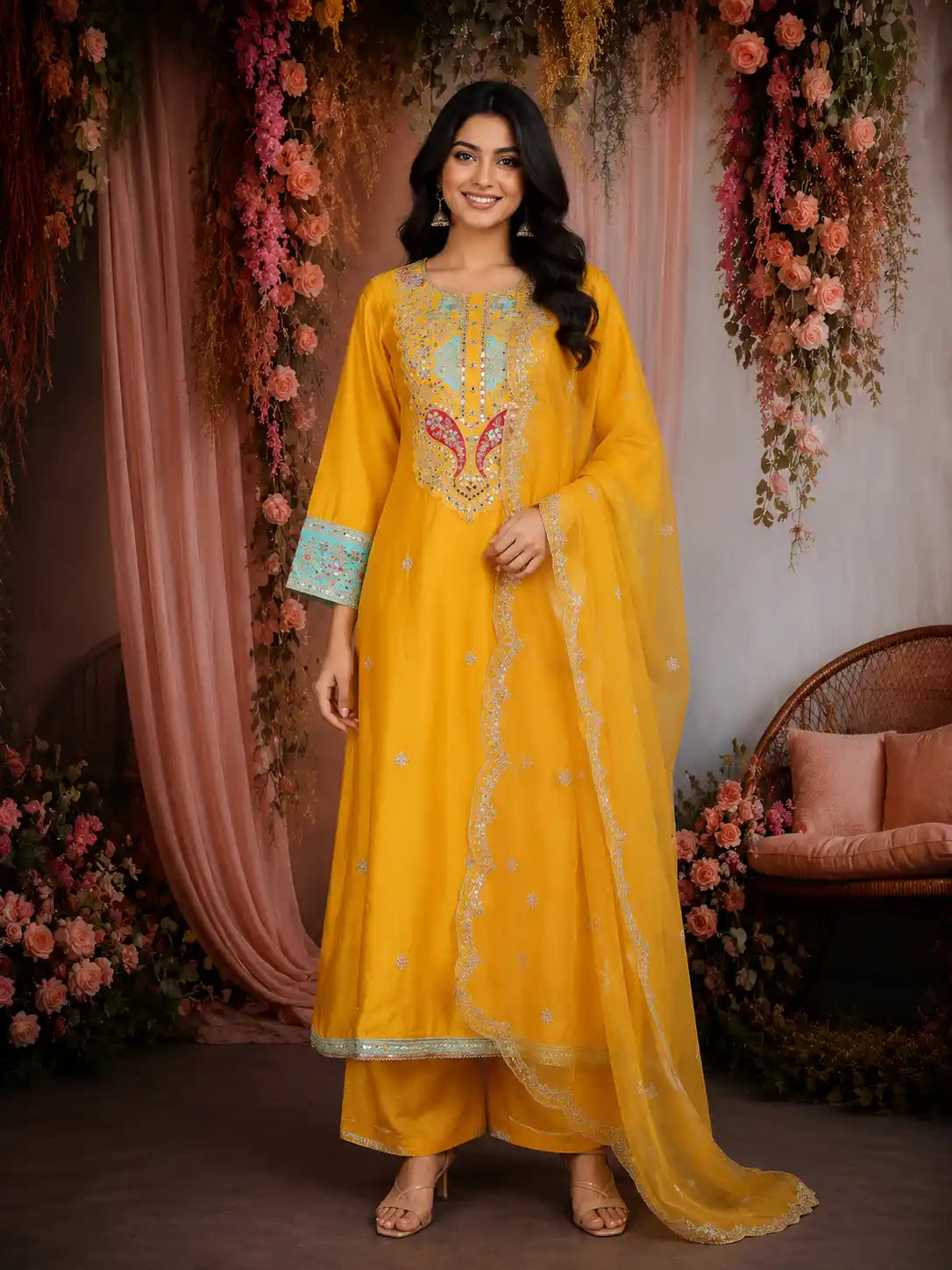Mustard Yellow Floral Embroidered Silk Cotton Salwar Suit with Dupatta