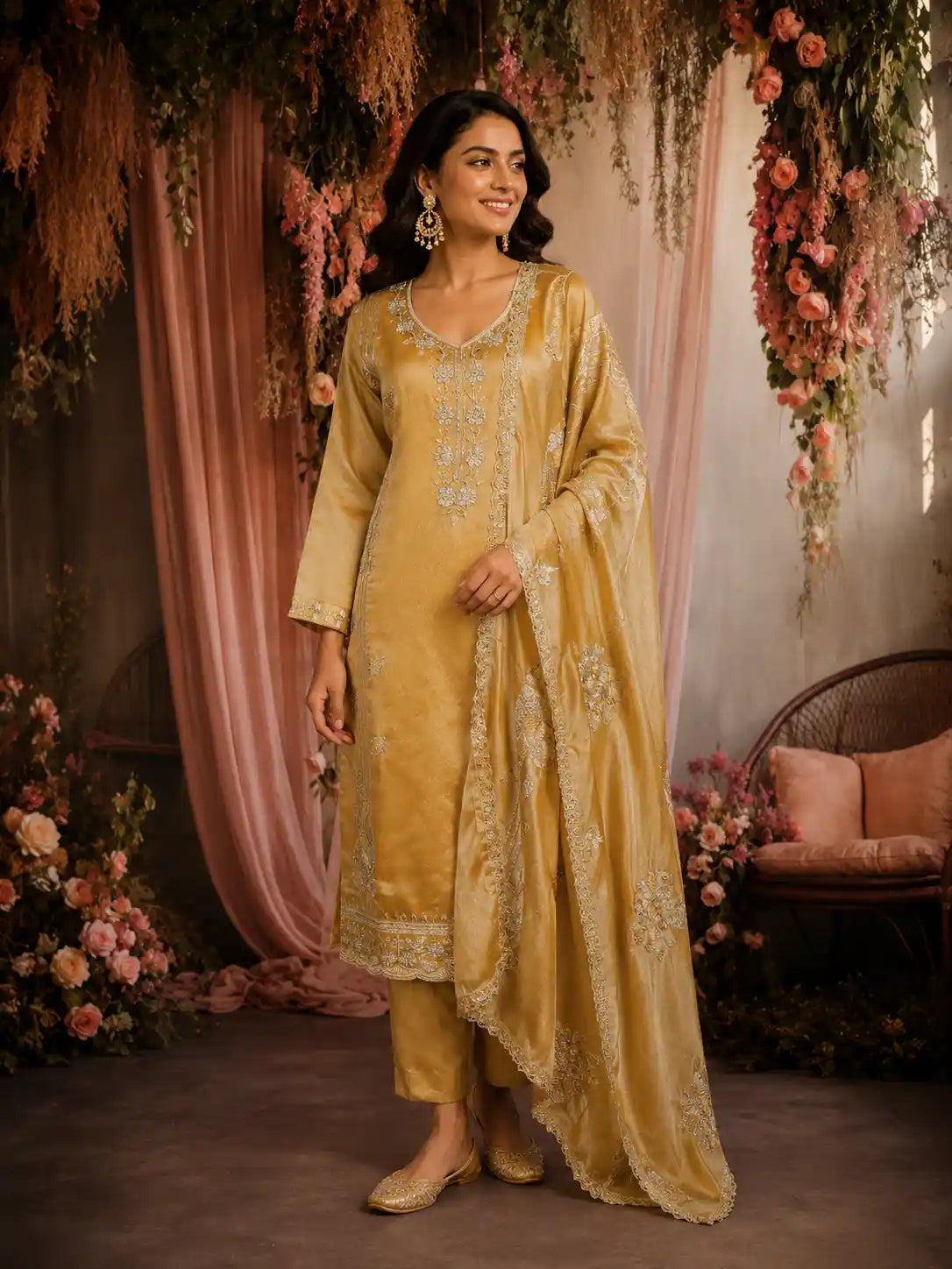 Mustard Yellow Floral Embroidered Tissue Organza Salwar Suit with Dupatta