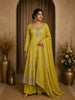 Mustard Yellow Floral Embroidered Tissue Silk Palazzo Suit with Striped Dupatta