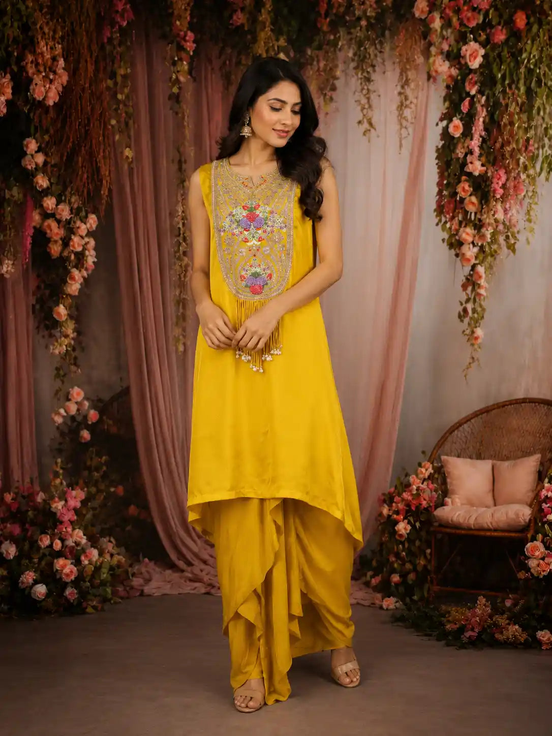 Mustard Yellow Floral Embroidered Yoke Design Satin Kaftan Set with Layered Draped Bottom