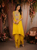 Mustard Yellow Floral Embroidered Yoke Design Satin Kaftan Set with Layered Draped Bottom