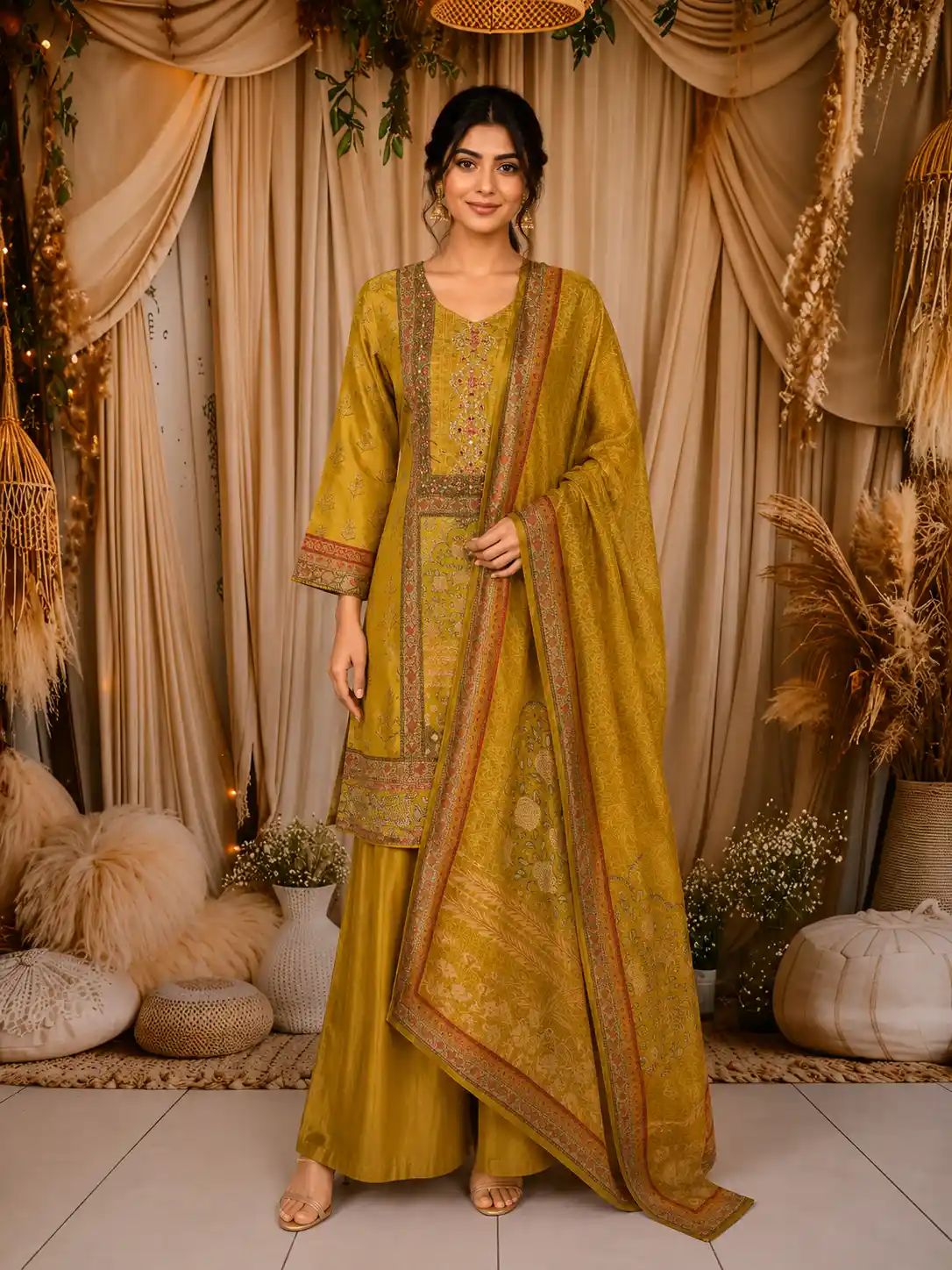 Mustard Yellow Floral Mirror Embroidered Design Organza Salwar Suit with Dupatta