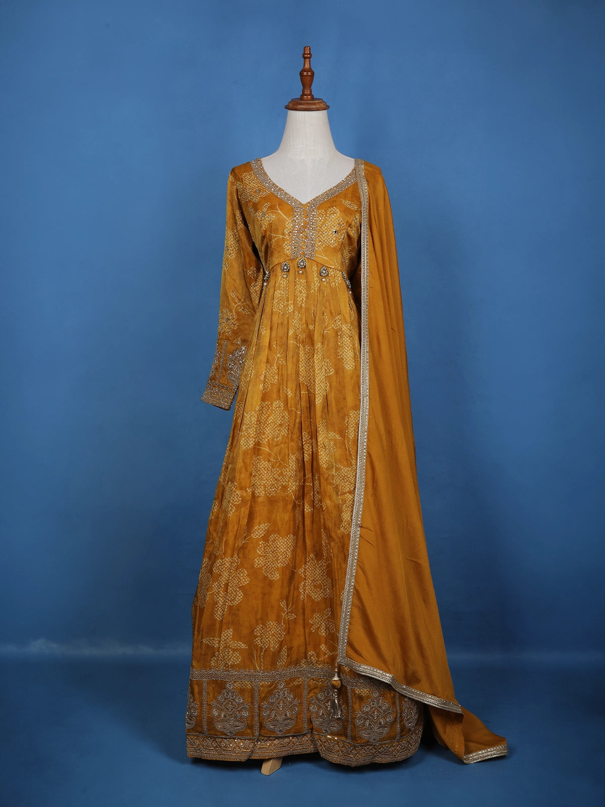 Mustard Yellow Floral Motif Bead And Printed Georgette Gown - Diadem