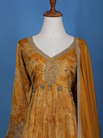 Mustard Yellow Floral Motif Bead And Printed Georgette Gown - Diadem