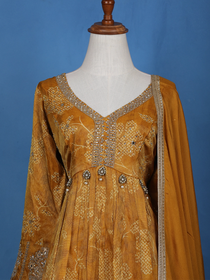 Mustard Yellow Floral Motif Bead And Printed Georgette Gown - Diadem
