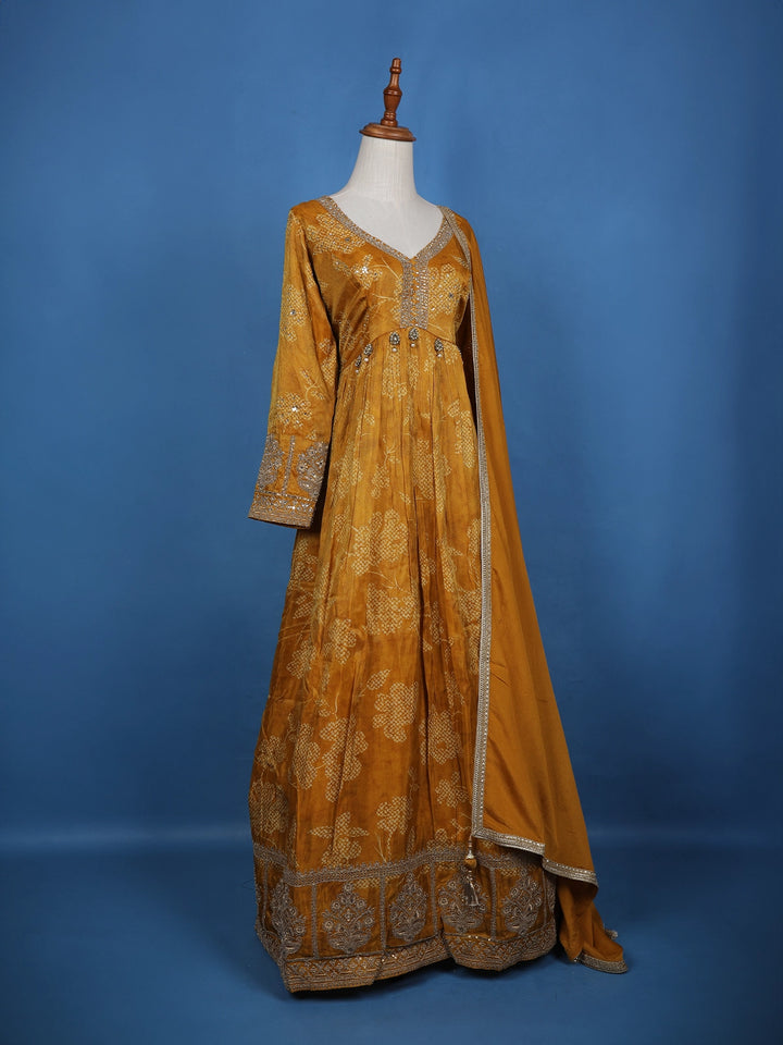 Mustard Yellow Floral Motif Bead And Printed Georgette Gown - Diadem