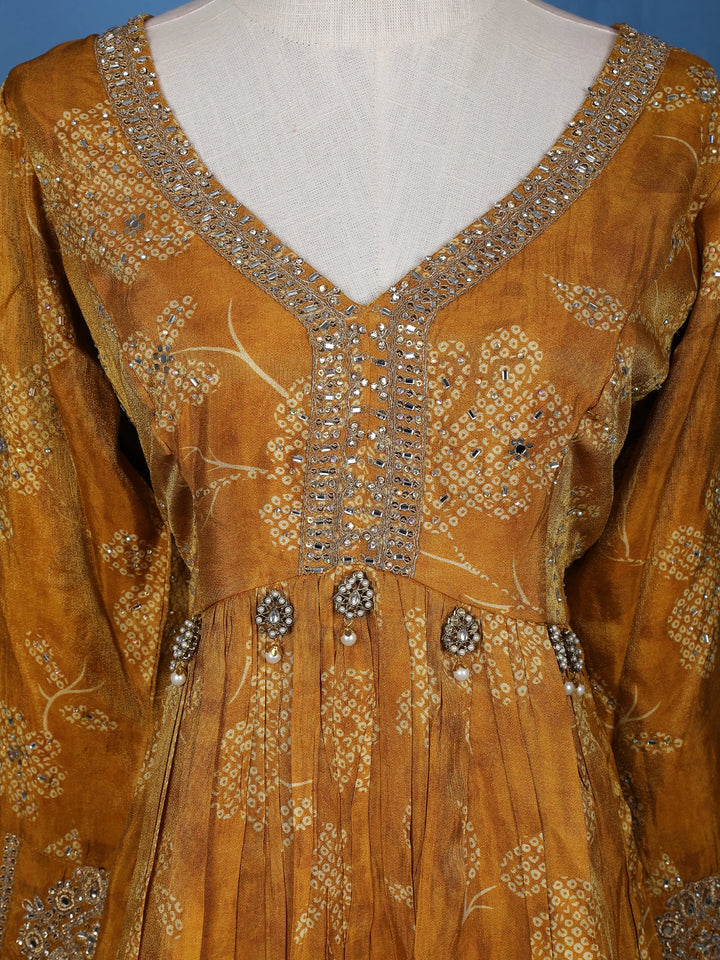 Mustard Yellow Floral Motif Bead And Printed Georgette Gown - Diadem