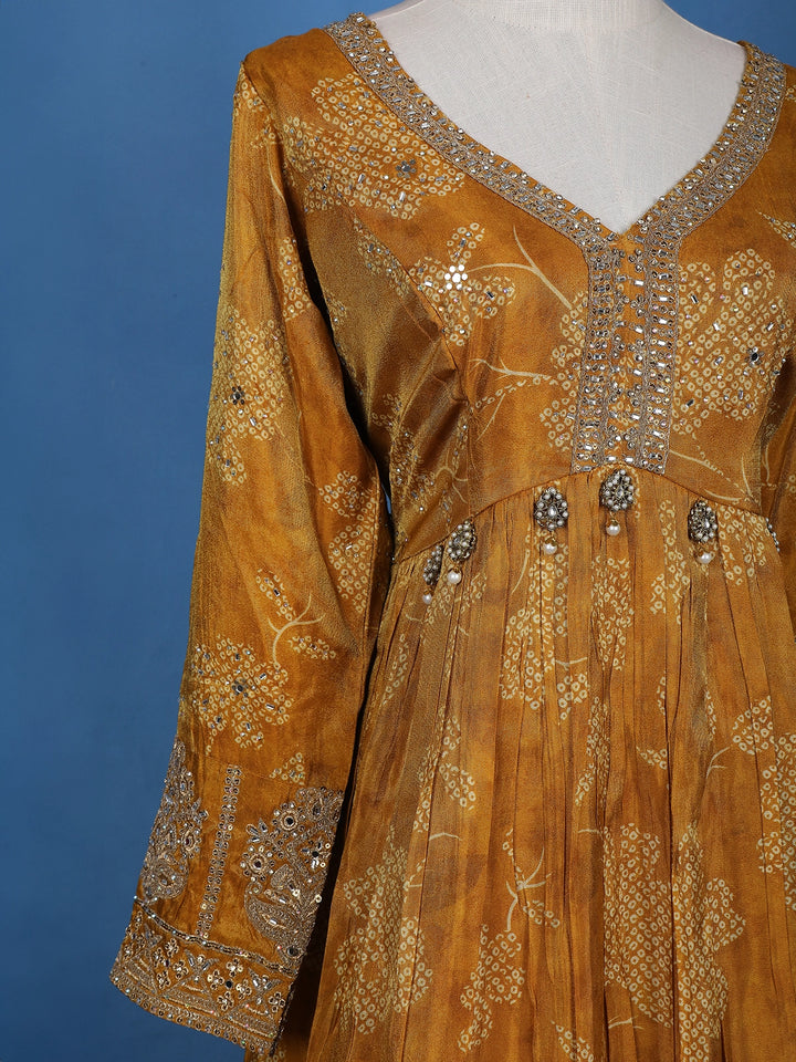 Mustard Yellow Floral Motif Bead And Printed Georgette Gown - Diadem