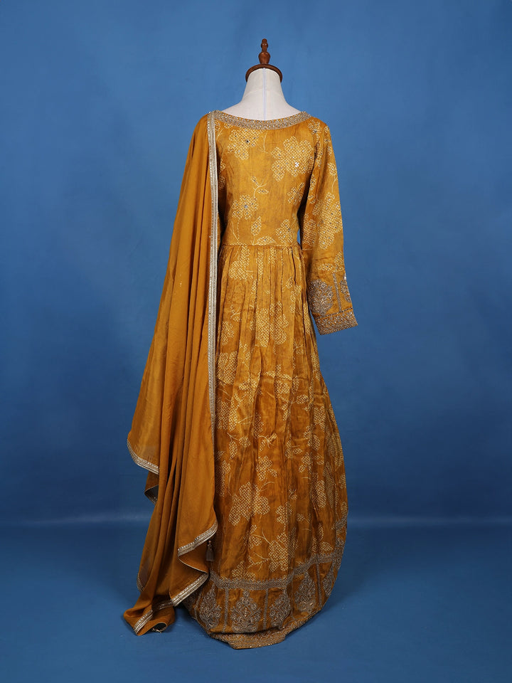 Mustard Yellow Floral Motif Bead And Printed Georgette Gown - Diadem