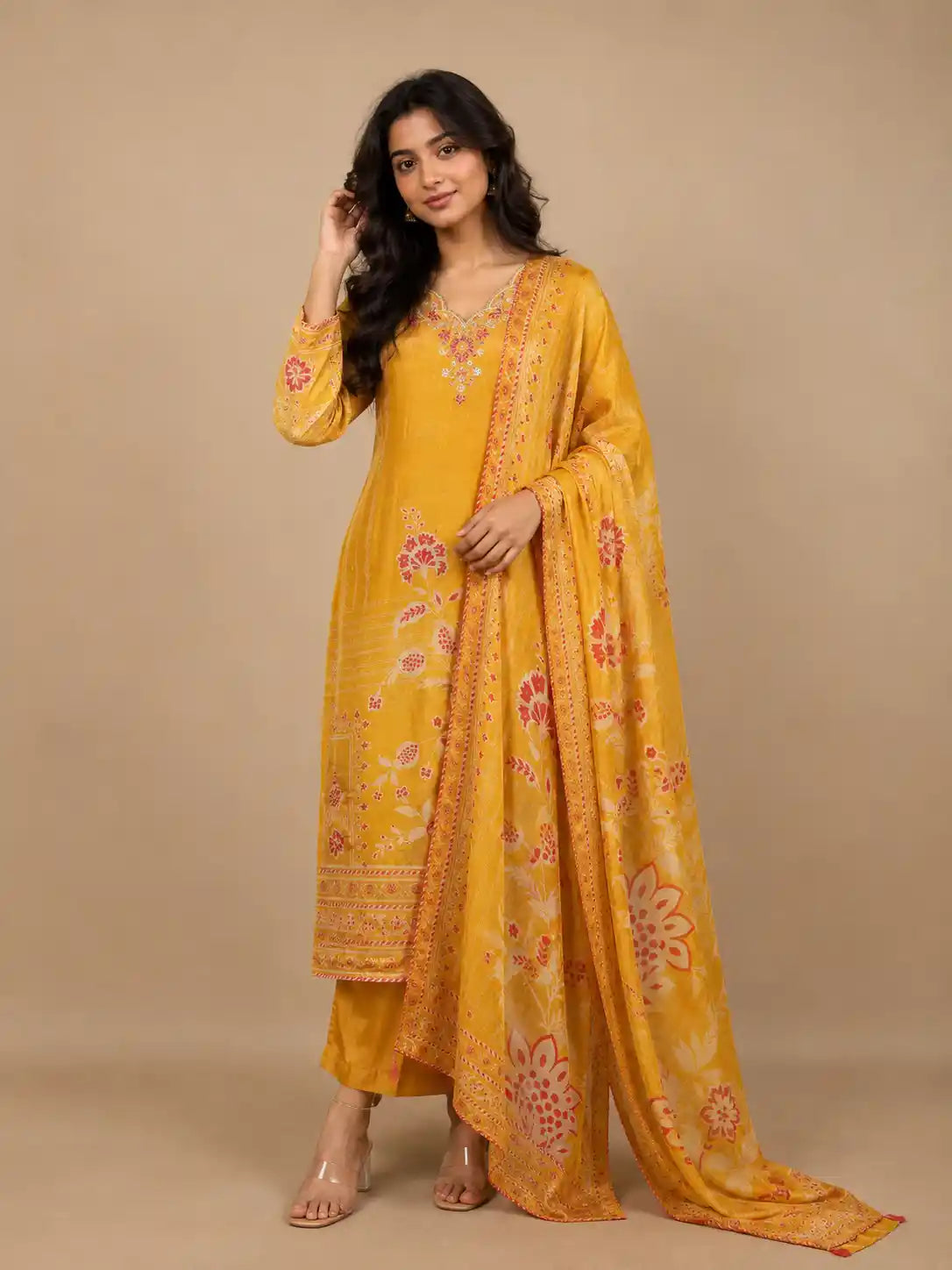 Mustard Yellow Floral Print Tissue Straight Cut Salwar Suit