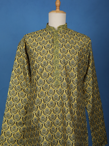 Mustard Yellow Floral Printed Cotton Kurta Set , With Pant - Diadem