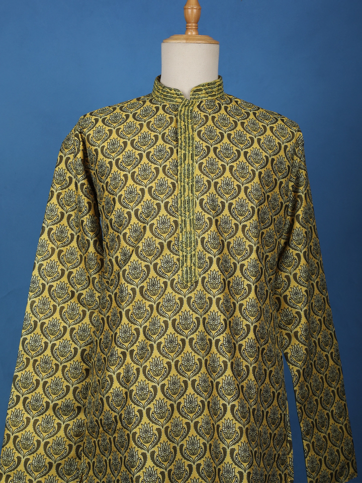 Mustard Yellow Floral Printed Cotton Kurta Set , With Pant - Diadem