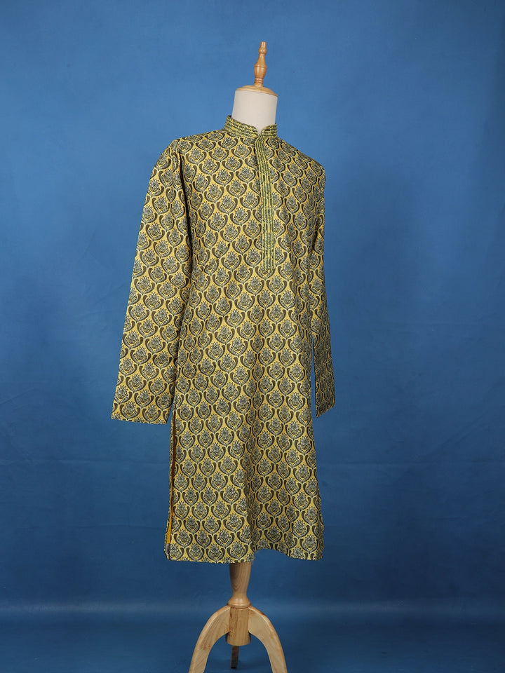 Mustard Yellow Floral Printed Cotton Kurta Set , With Pant - Diadem
