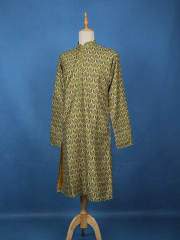 Mustard Yellow Floral Printed Cotton Kurta Set , With Pant - Diadem