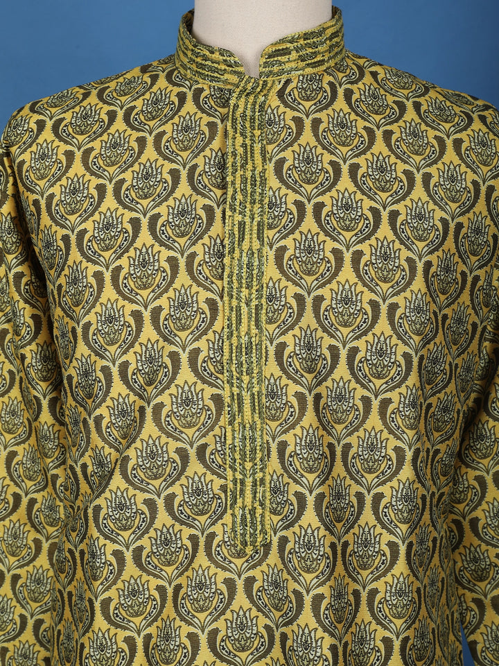 Mustard Yellow Floral Printed Cotton Kurta Set , With Pant - Diadem