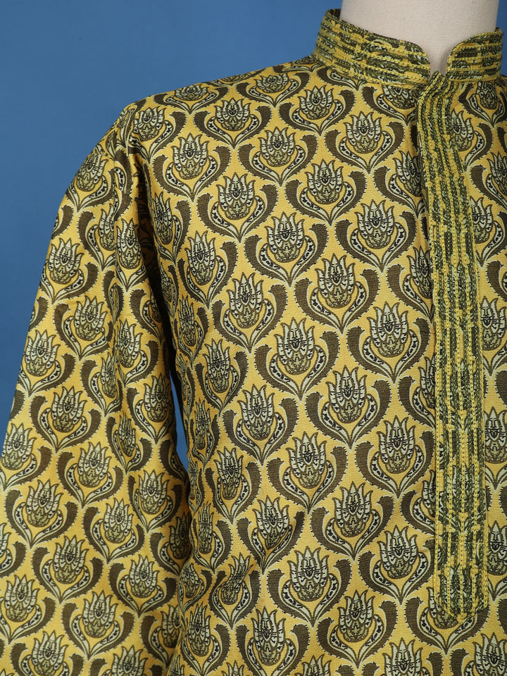 Mustard Yellow Floral Printed Cotton Kurta Set , With Pant - Diadem