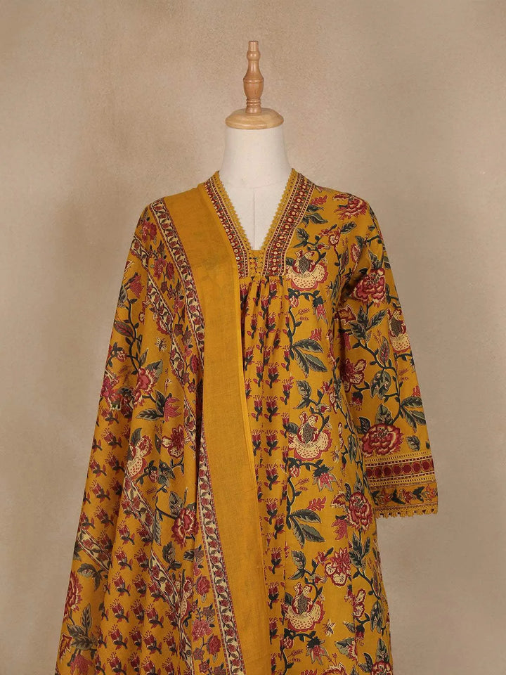 Mustard Yellow Floral Printed Cotton Salwar Suit - Diadem