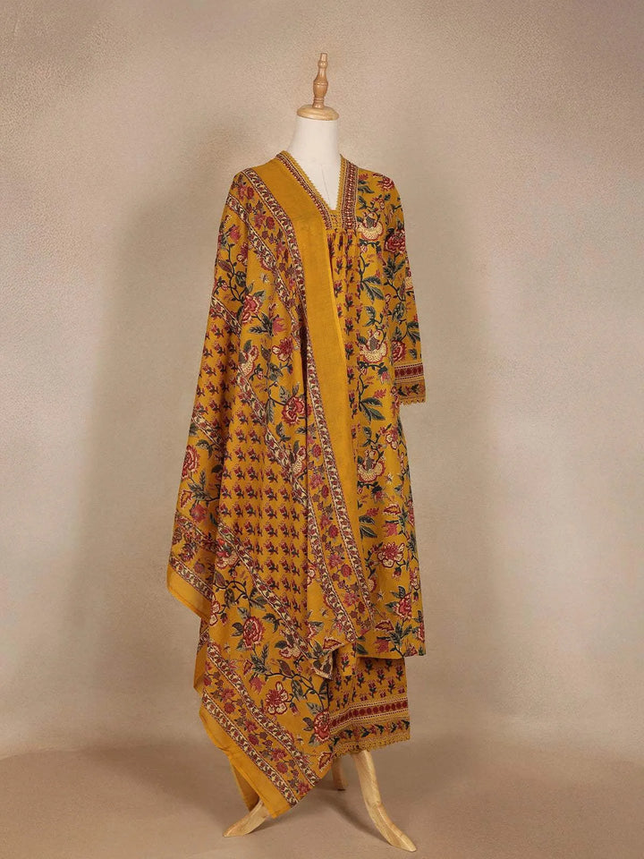 Mustard Yellow Floral Printed Cotton Salwar Suit - Diadem
