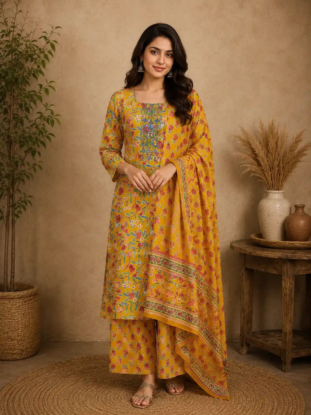 Mustard Yellow Floral Printed Cotton Salwar Suit with Dupatta