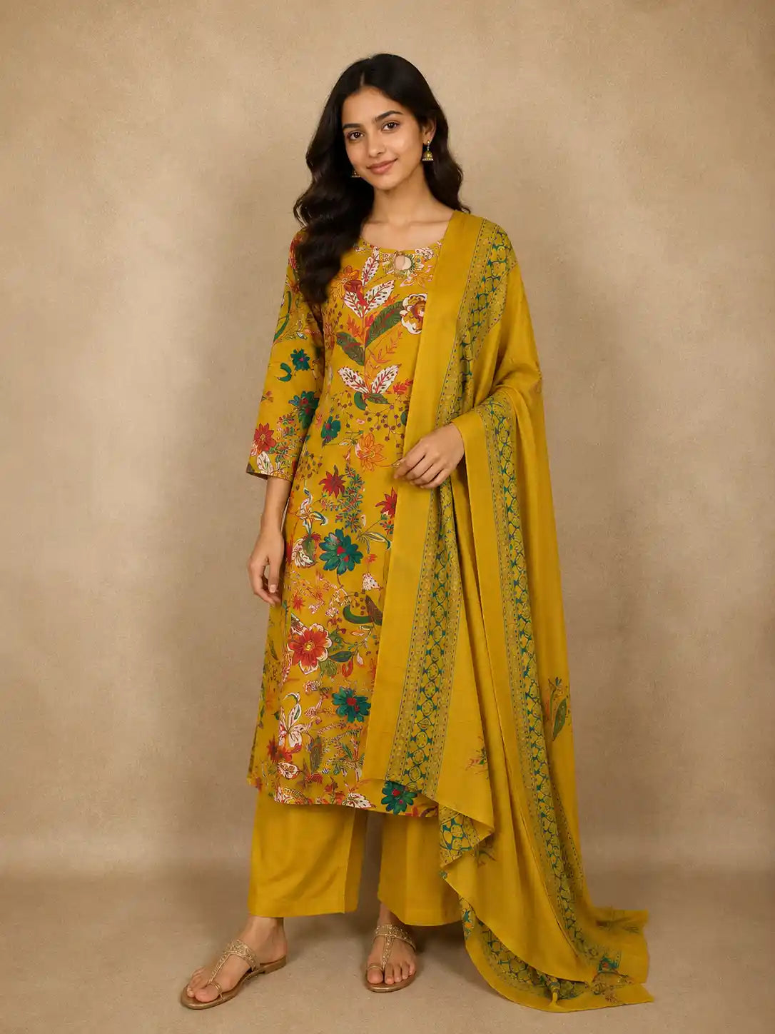 Mustard Yellow Floral Printed Cotton Salwar Suit with Printed Dupatta