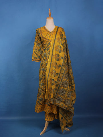 Mustard Yellow Floral Printed Cotton Salwar Suit - Diadem