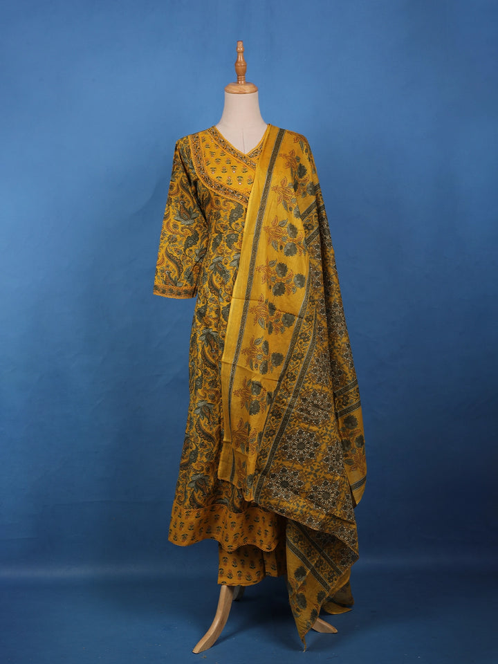 Mustard Yellow Floral Printed Cotton Salwar Suit - Diadem