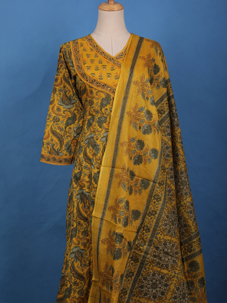 Mustard Yellow Floral Printed Cotton Salwar Suit - Diadem