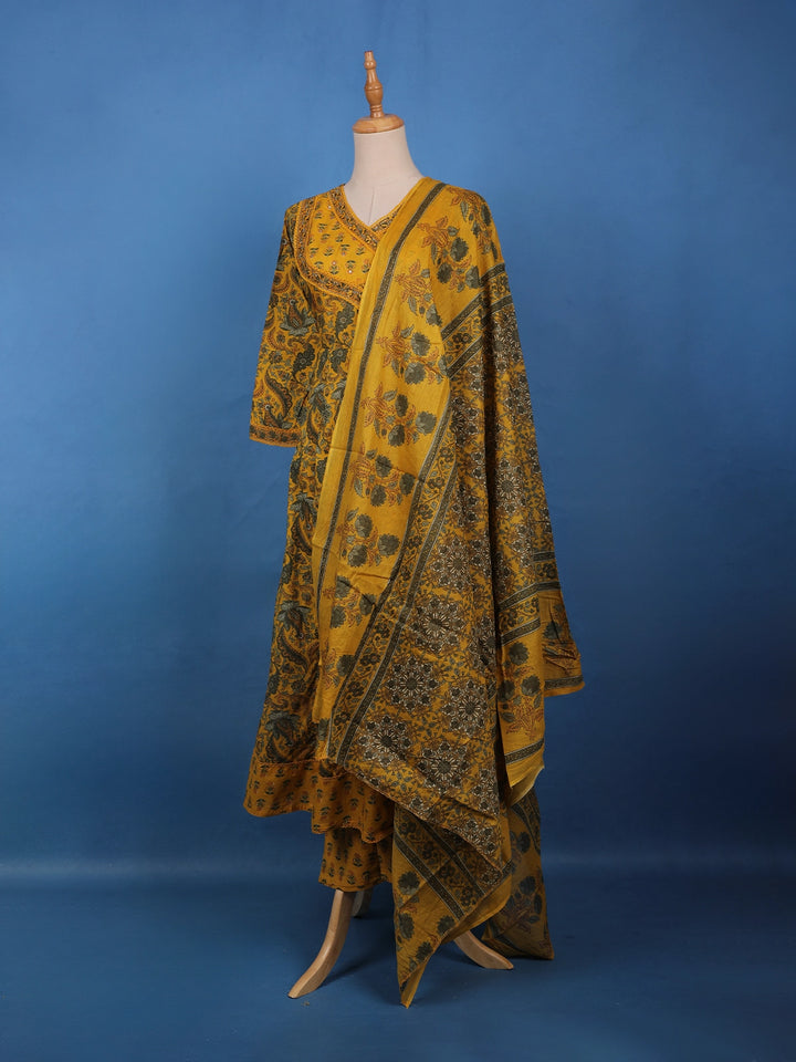 Mustard Yellow Floral Printed Cotton Salwar Suit - Diadem
