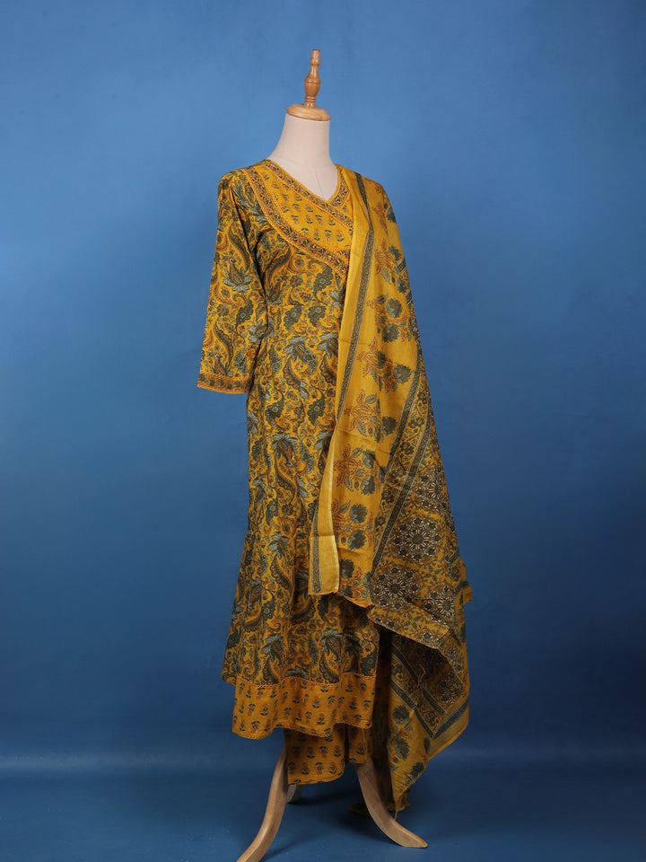 Mustard Yellow Floral Printed Cotton Salwar Suit - Diadem
