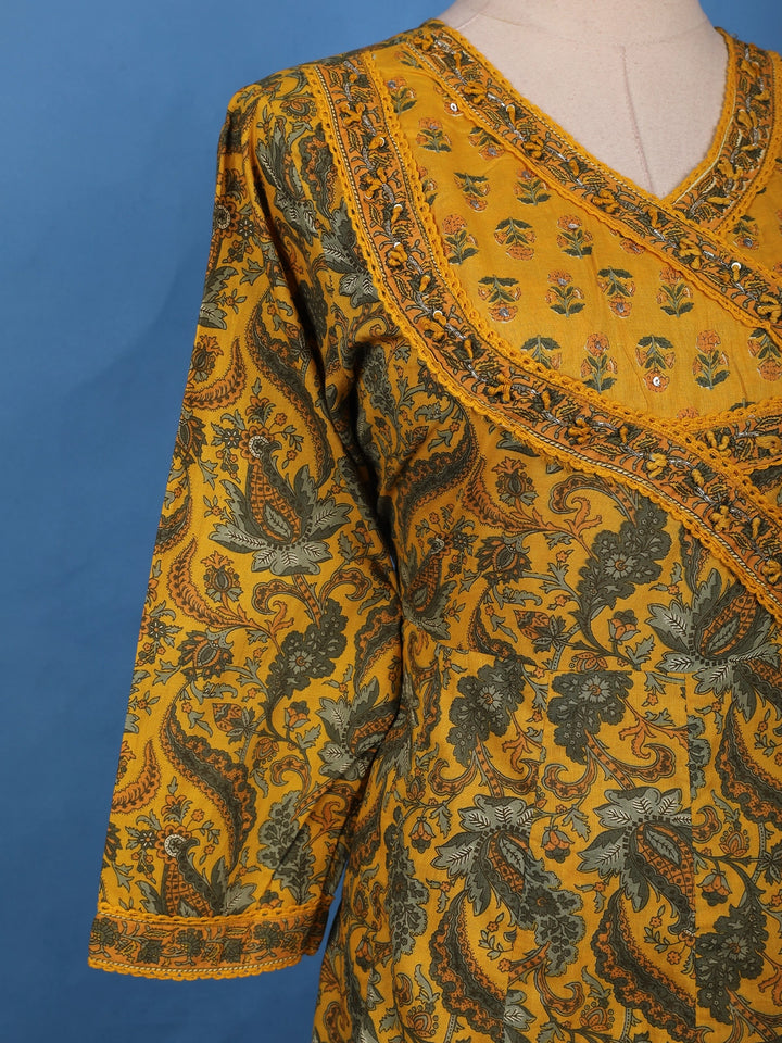 Mustard Yellow Floral Printed Cotton Salwar Suit - Diadem