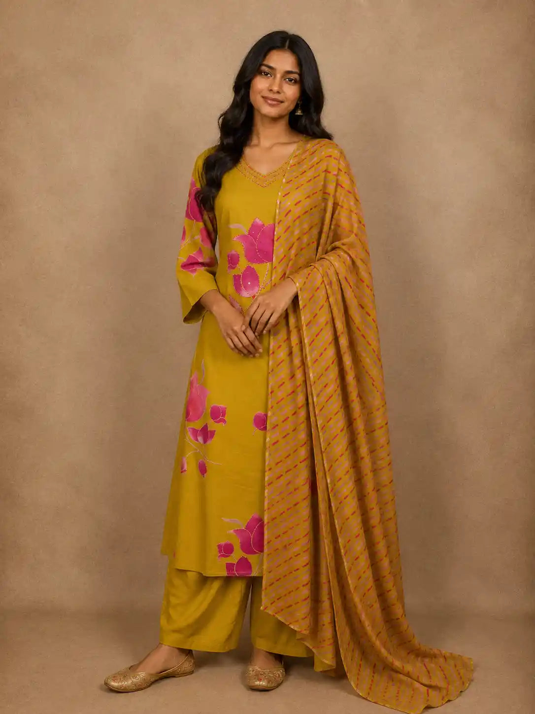 Mustard Yellow Floral Printed Design Cotton Straight Cut Salwar Suit with Dupatta