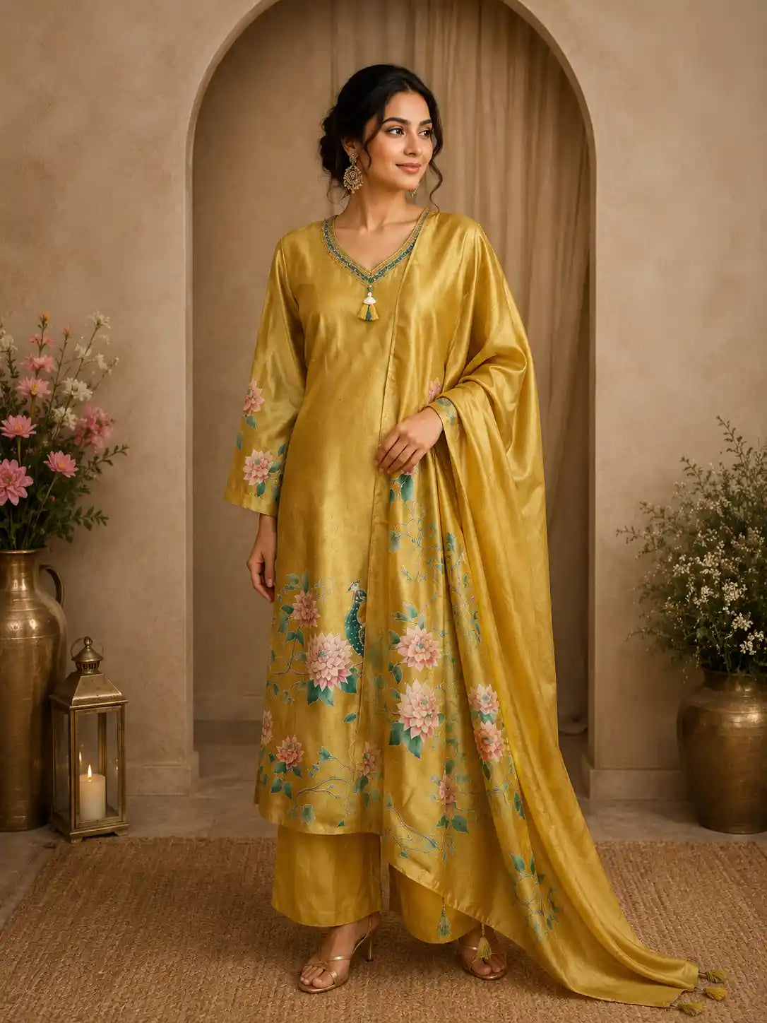 Mustard Yellow Floral Printed Design Tissue Silk Straight Cut Salwar Suit with Dupatta