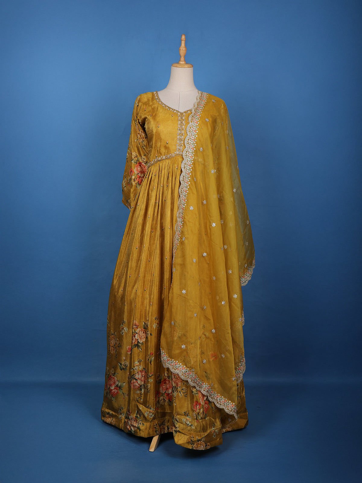Mustard Yellow Floral Printed Organza Gown - Diadem