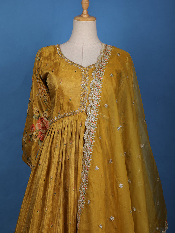 Mustard Yellow Floral Printed Organza Gown - Diadem
