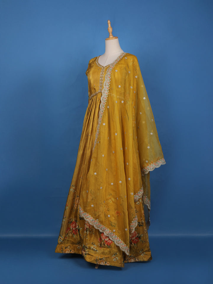 Mustard Yellow Floral Printed Organza Gown - Diadem