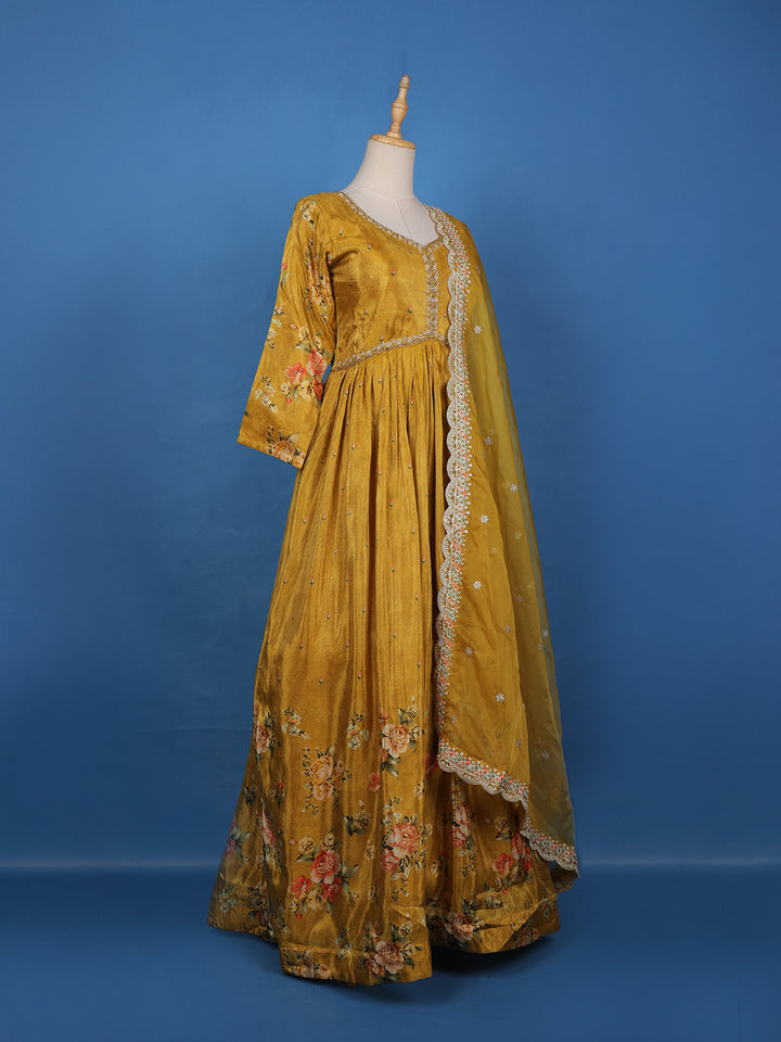 Mustard Yellow Floral Printed Organza Gown - Diadem