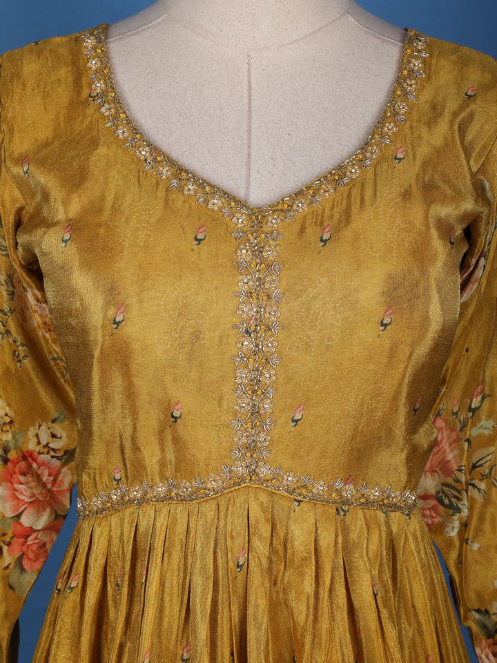 Mustard Yellow Floral Printed Organza Gown - Diadem