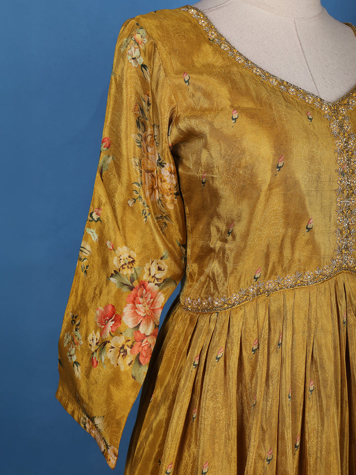 Mustard Yellow Floral Printed Organza Gown - Diadem