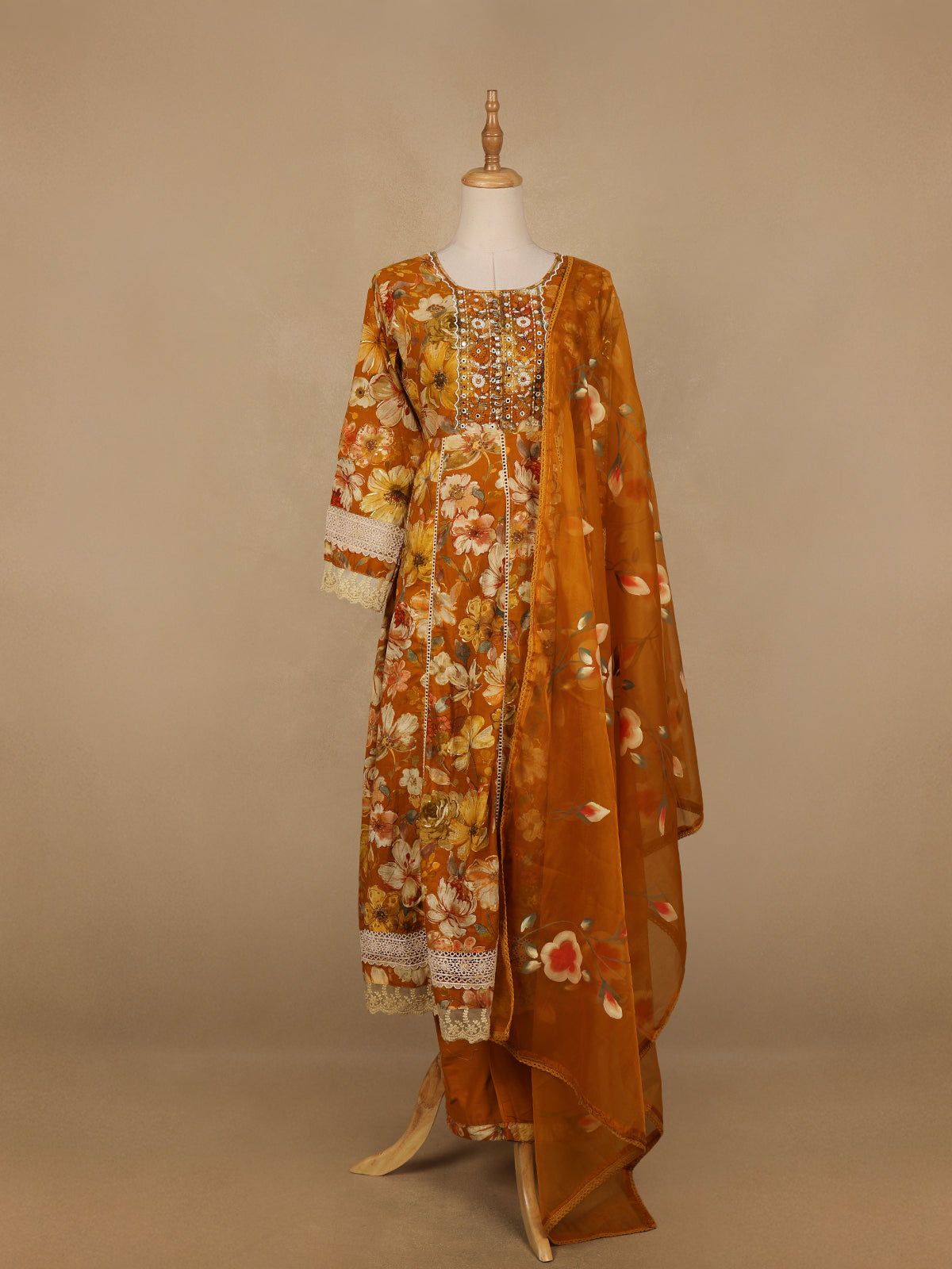 Mustard Yellow Floral Prints Cotton Straight Cut Salwar Suit - Diadem