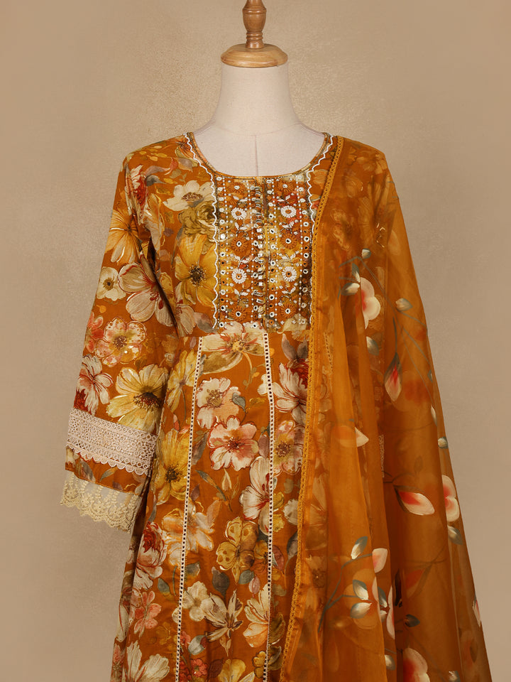 Mustard Yellow Floral Prints Cotton Straight Cut Salwar Suit - Diadem