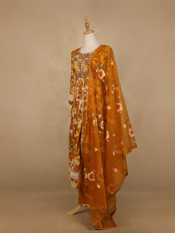 Mustard Yellow Floral Prints Cotton Straight Cut Salwar Suit - Diadem