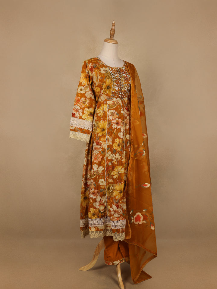 Mustard Yellow Floral Prints Cotton Straight Cut Salwar Suit - Diadem