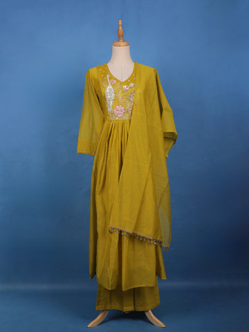 Mustard Yellow Floral Sequin Embroidery Silk Cotton Salwar Suit - Diadem