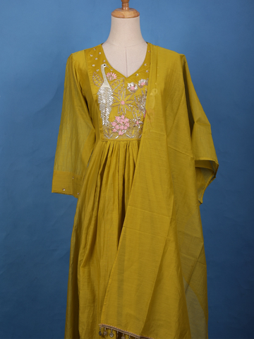 Mustard Yellow Floral Sequin Embroidery Silk Cotton Salwar Suit - Diadem