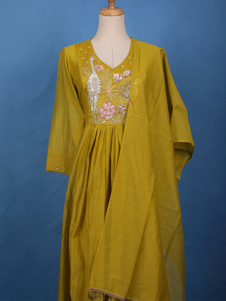 Mustard Yellow Floral Sequin Embroidery Silk Cotton Salwar Suit - Diadem