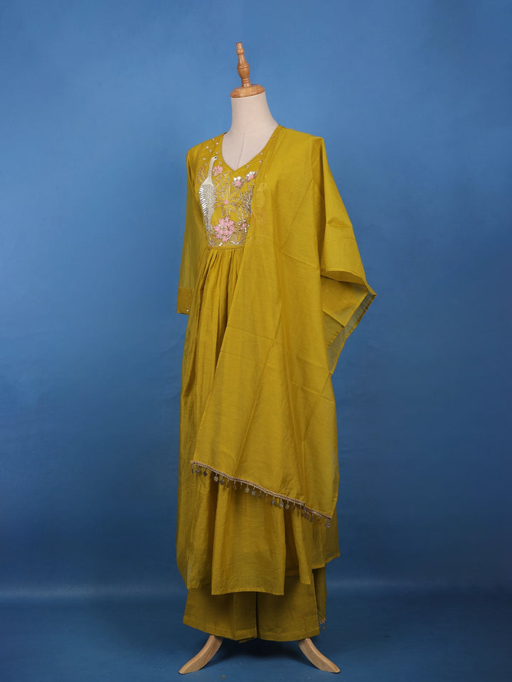 Mustard Yellow Floral Sequin Embroidery Silk Cotton Salwar Suit - Diadem