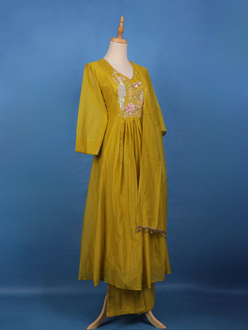 Mustard Yellow Floral Sequin Embroidery Silk Cotton Salwar Suit - Diadem