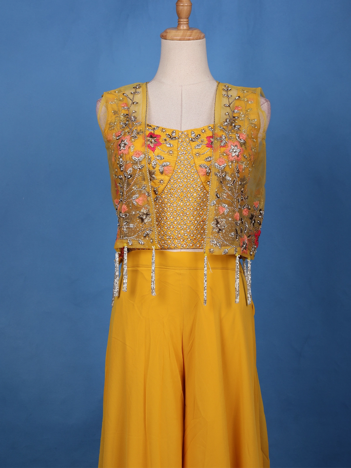 Mustard Yellow Floral Sequins Embroidery Palazzo Suit - Diadem