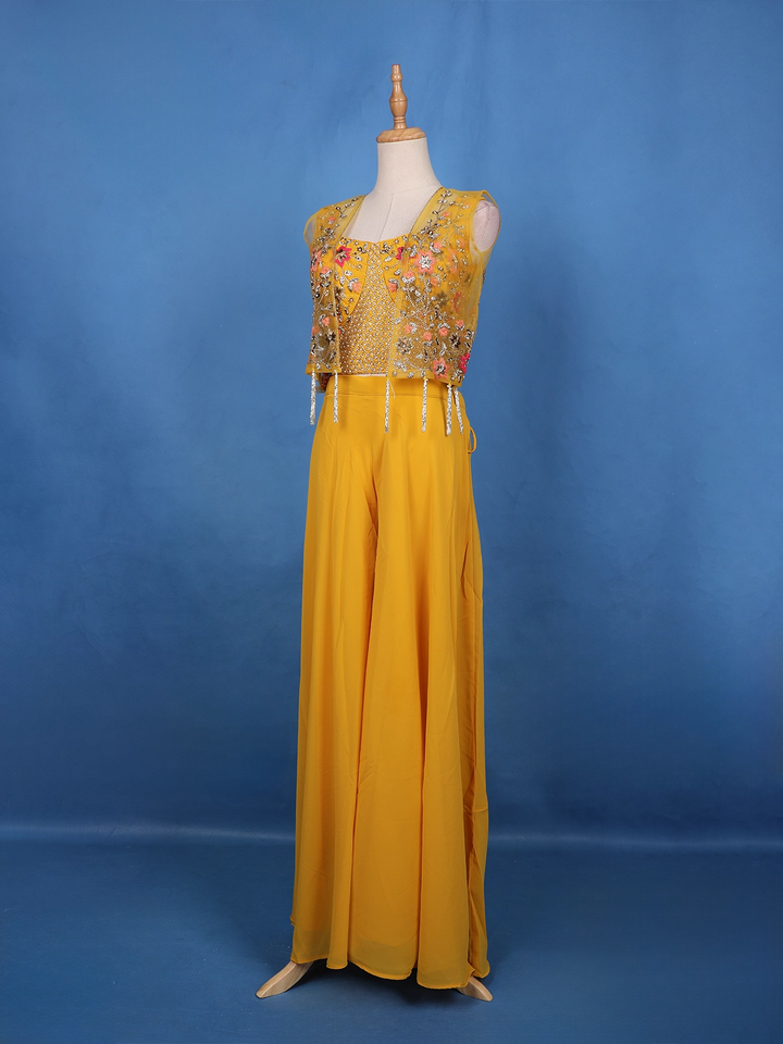 Mustard Yellow Floral Sequins Embroidery Palazzo Suit - Diadem